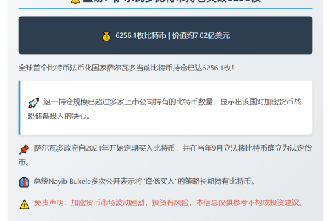 萨尔瓦多持6256枚比特币
