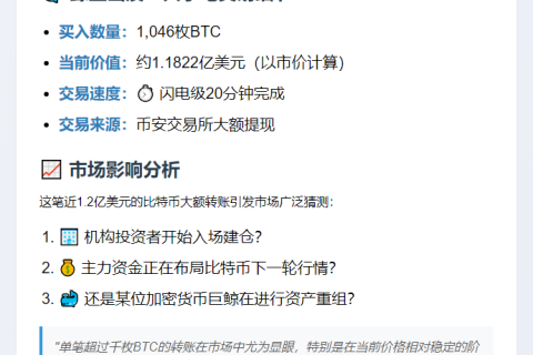"新地址大买1,046枚BTC，价值1.2亿美元"