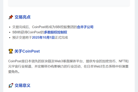 SBI控股收购CoinPost部分股份