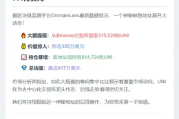 "鲸鱼10分钟前大额提币31.5万UNI"