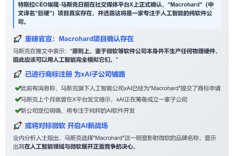 马斯克证实Macrohard为纯AI软件公司