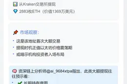 新建地址从Kraken转出2883枚ETH