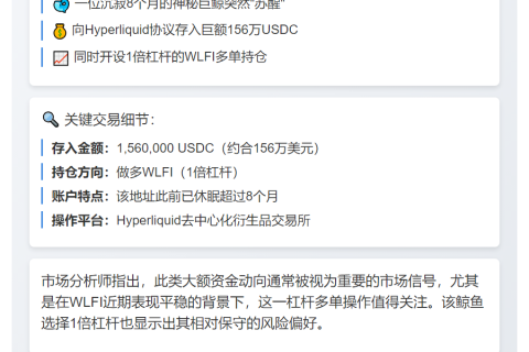 某鲸鱼存入156万USDC做多WLFI