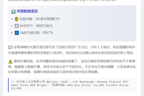 巨鲸3天买入3亿ETH浮亏2600万