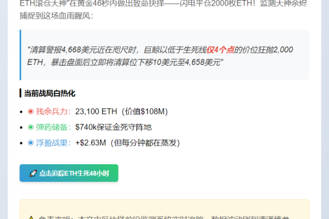 "12.5万美元ETH多单平仓2000枚 清算价降至4658美元"