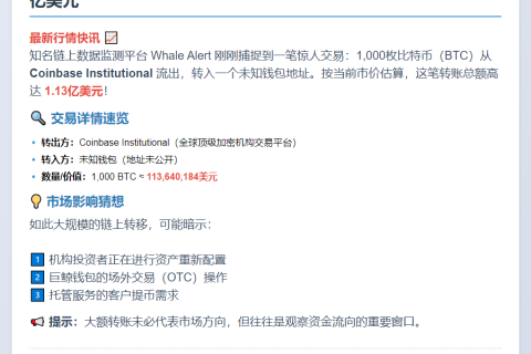 1.13亿美元比特币从Coinbase转出
