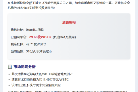 比特币跌破11.3万，29枚WBTC遭清算
