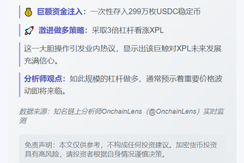 巨鲸加仓299万USDC押注XPL