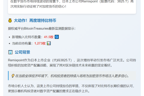 Remixpoint 增持41.5枚比特币 总持仓1273枚