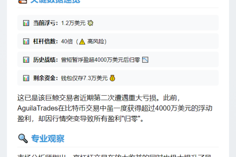 鲸鱼Aguila比特币多单浮亏1.2万刀