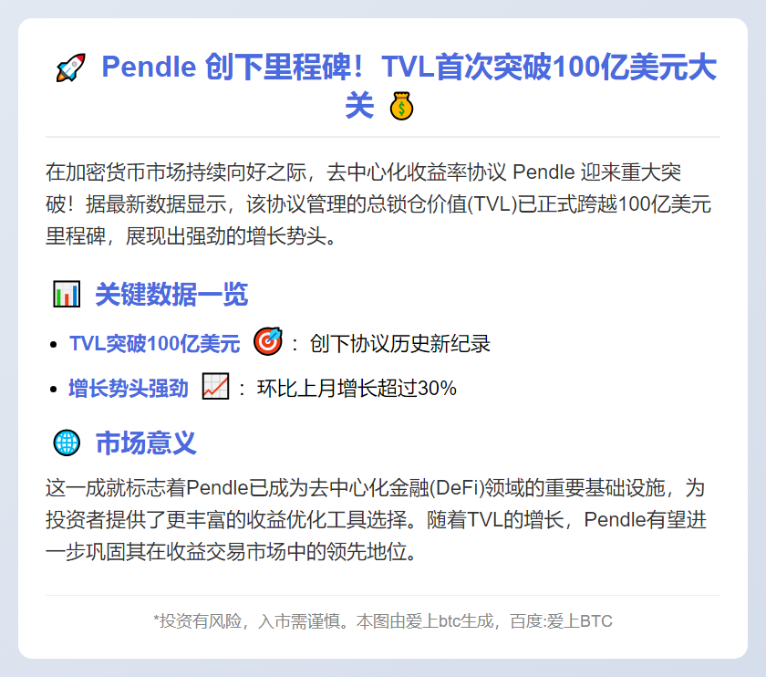 Pendle TVL突破100亿美元