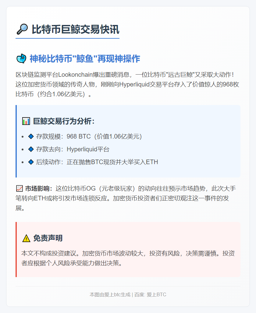 比特币巨鲸再存968枚BTC至Hyperliquid