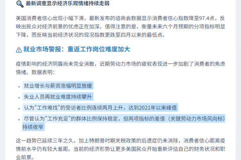 美就业收入忧虑致消费者信心微降