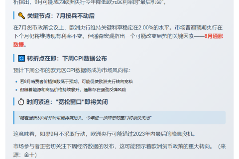 "潘森宏观：9月或成欧央行最后降息时机"