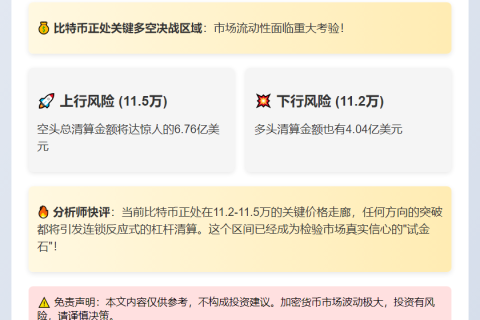 比特币若破11.5万刀 空单清算或达6.76亿