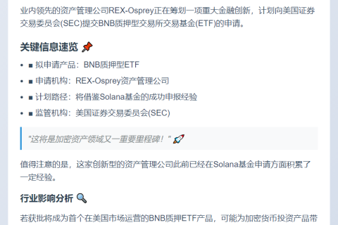 "REX-Osprey 申请 BNB 质押 ETF 获批"