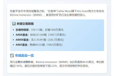 Ark Invest增持BMNR 1560万美元
