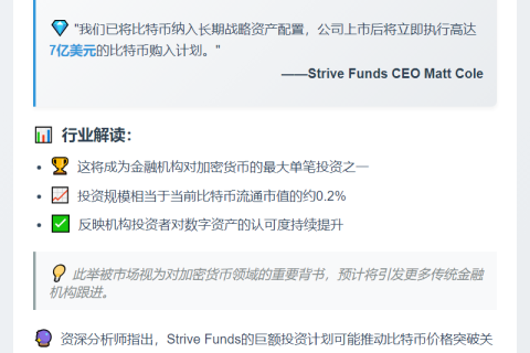 Strive CEO：上市后将购7亿美元比特币
