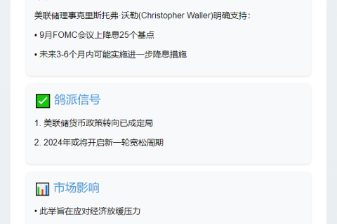 沃勒：支持9月降息，未来几月或继续