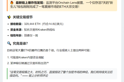 巨额ETH转出：热钱包3.3亿枚转入新地址