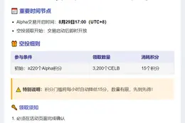 币安：持220 Alpha积分领3200 CELB空投