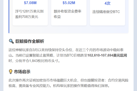 "BTC巨鲸做空3月浮盈708万 赚502万资金费"