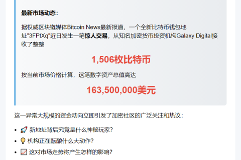 新钱包获GalaxyDigital1506枚BTC