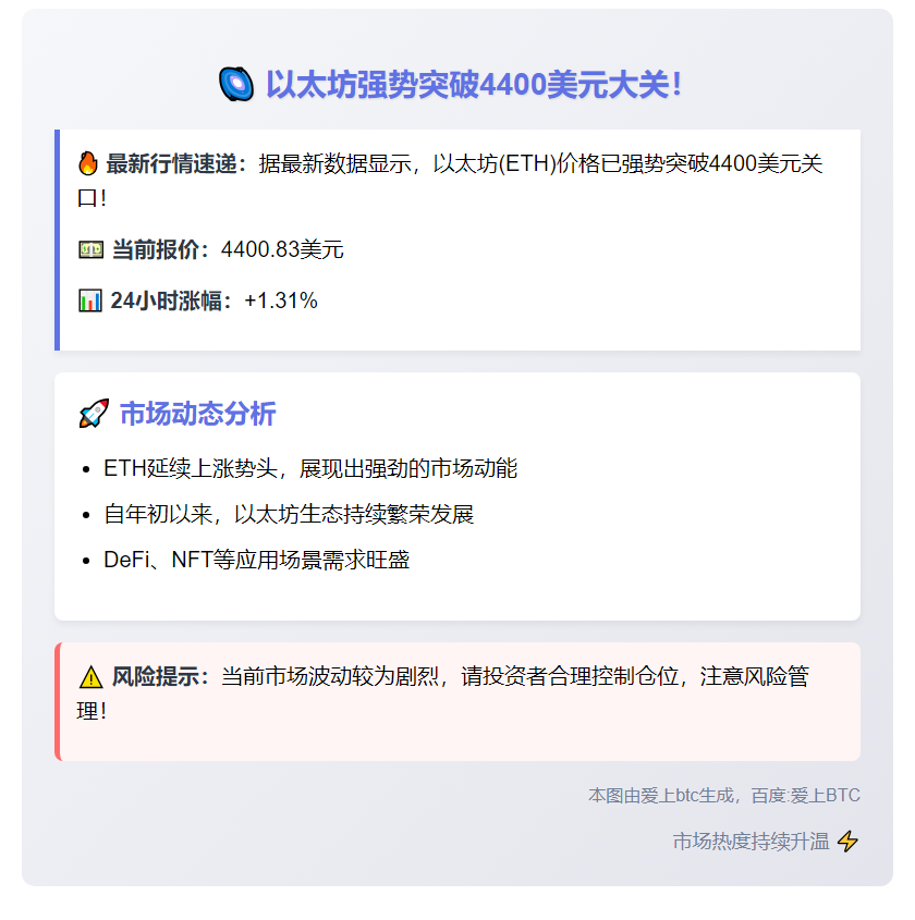 ETH冲上4400美元