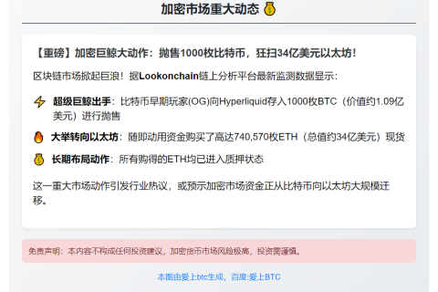 比特币巨鲸抛售1000枚BTC转投ETH