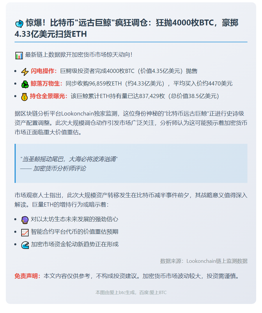 比特币大户抛4000枚BTC换96,859枚ETH