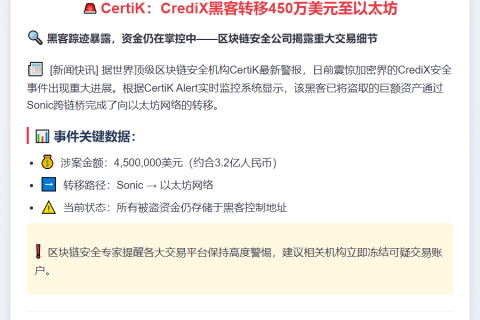 CertiK：CrediX黑客转移450万美元至以太坊