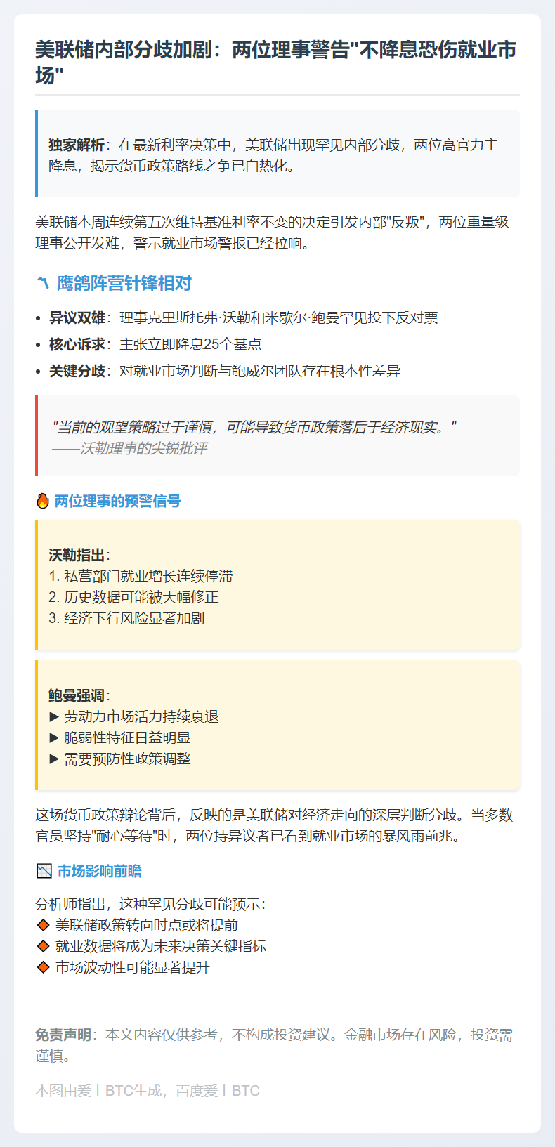 美联储理事沃勒鲍曼反对降息 指劳动力市场疲软