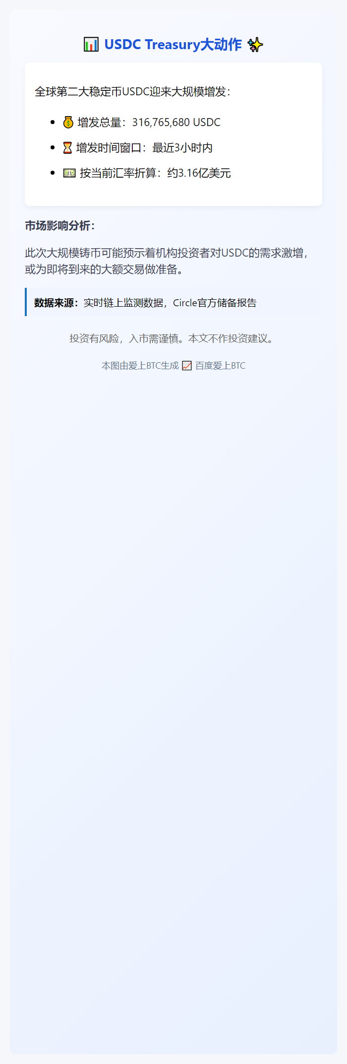"USDC Treasury增发3.16亿枚"