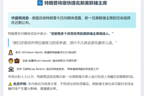 特朗普将很快提名新美联储主席
