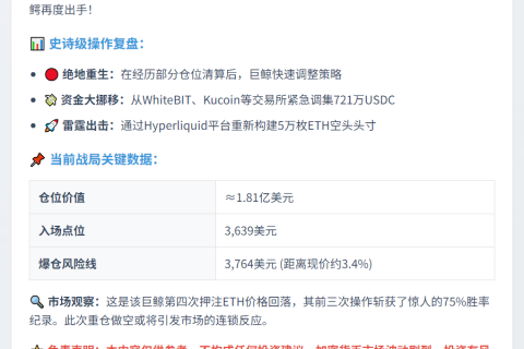 巨鲸四战ETH加仓1.81亿美元空单