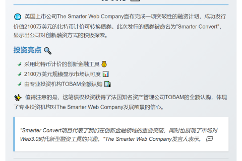 Smarter Web募资2100万比特币转债 TOBAM全额认购