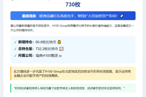 H100增持61枚比特币 总数达732枚