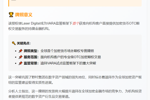 野村子公司获迪拜首张加密期权牌照