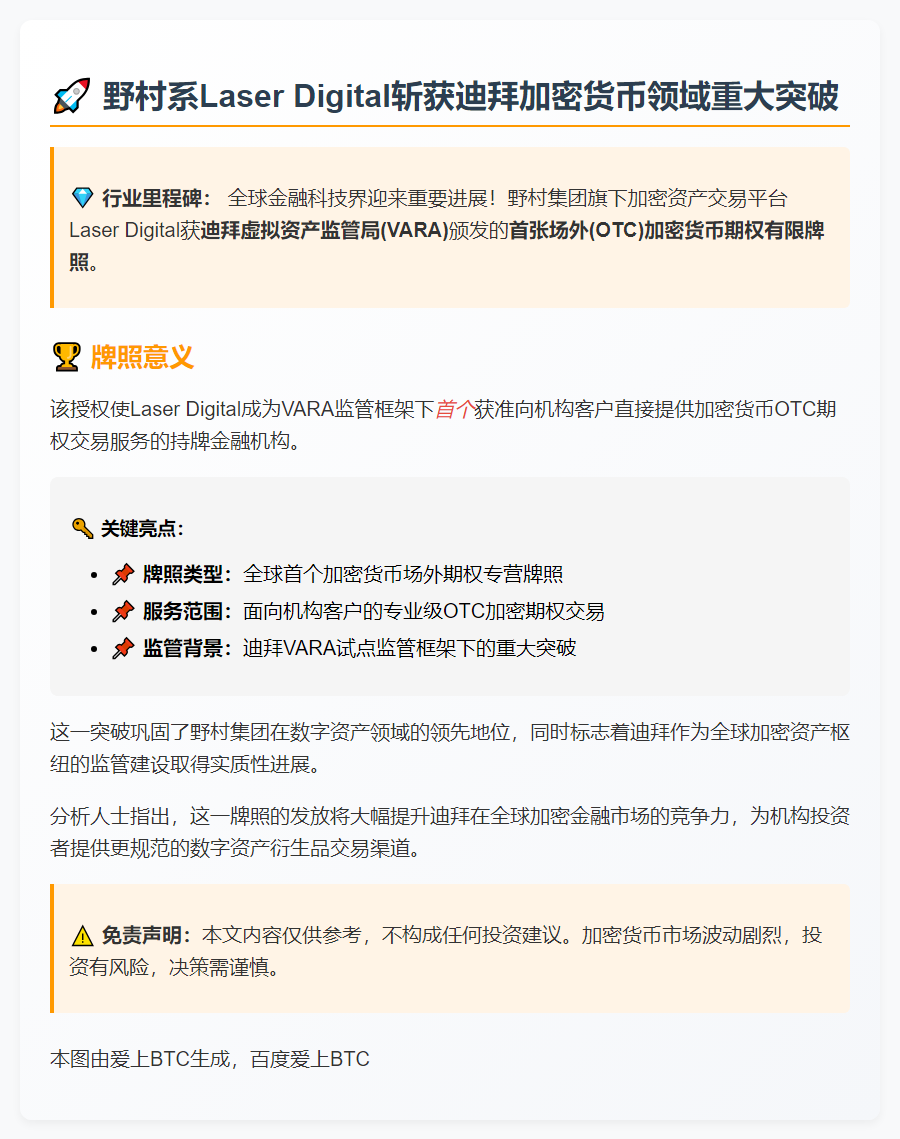 野村子公司获迪拜首张加密期权牌照