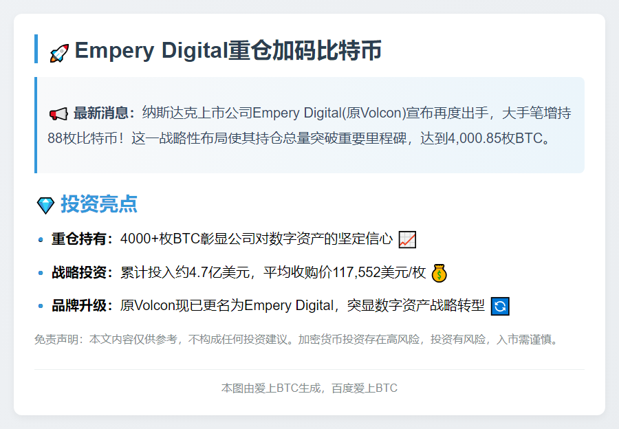 Empery Digital增持88枚BTC，总持仓逾4000枚