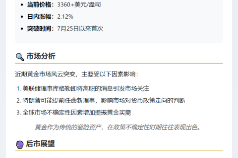 黄金突破3360美元