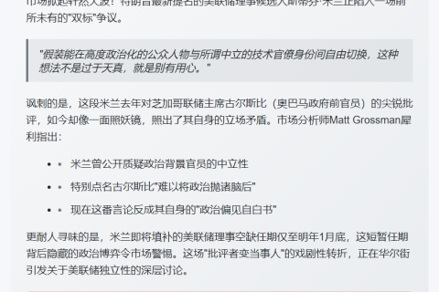 米兰批美联储官员政治背景影响中立