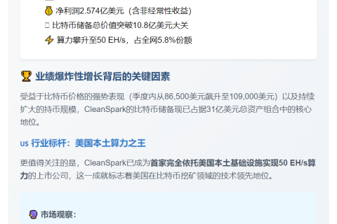 矿企CleanSpark比特币储备破10亿，营收增91%