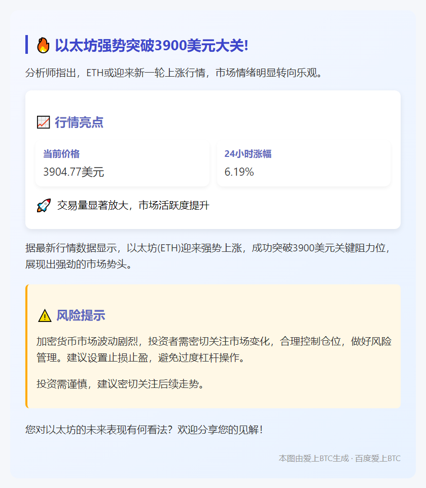 ETH突破3900美元