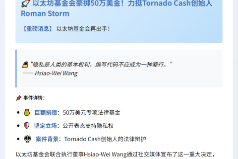 以太坊基金会再捐50万助Roman Storm辩护
