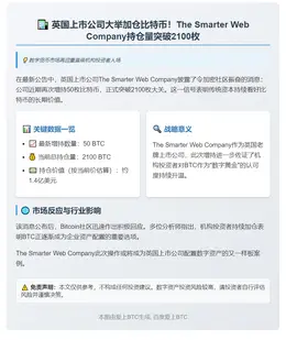 英国上市公司增持比特币至2100枚
