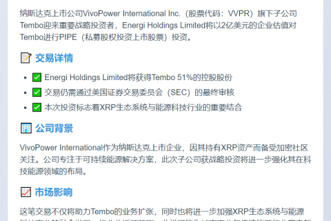 VivoPower旗下Tembo获Energi 2亿美元投资