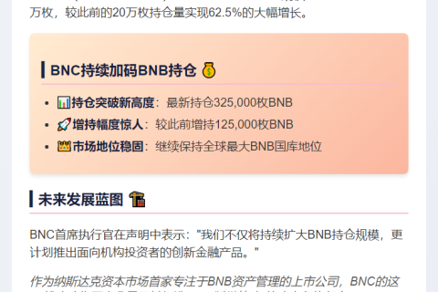 "BNC增持BNB至32.5万枚，打造'BNB版微策略'"