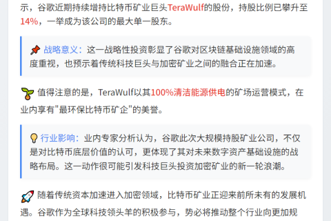 谷歌成TeraWulf最大股东 持股14%