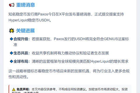 Paxos提案支持HyperLiquid稳定币USDH